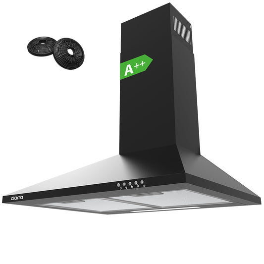 👉 Dunstabzugshaube 60 cm Umluft und Abluft, 370 m³/h, Pyramiden Wandhaube mit Aktivkohlefilter, 3 Leistungsstufen, Wandmontage, Schwarz, Energieklasse A++